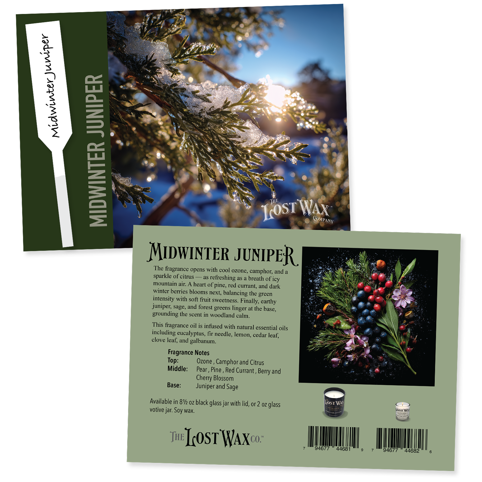 Lost Wax Midwinter Juniper fragrance sample card with tree and berries design.