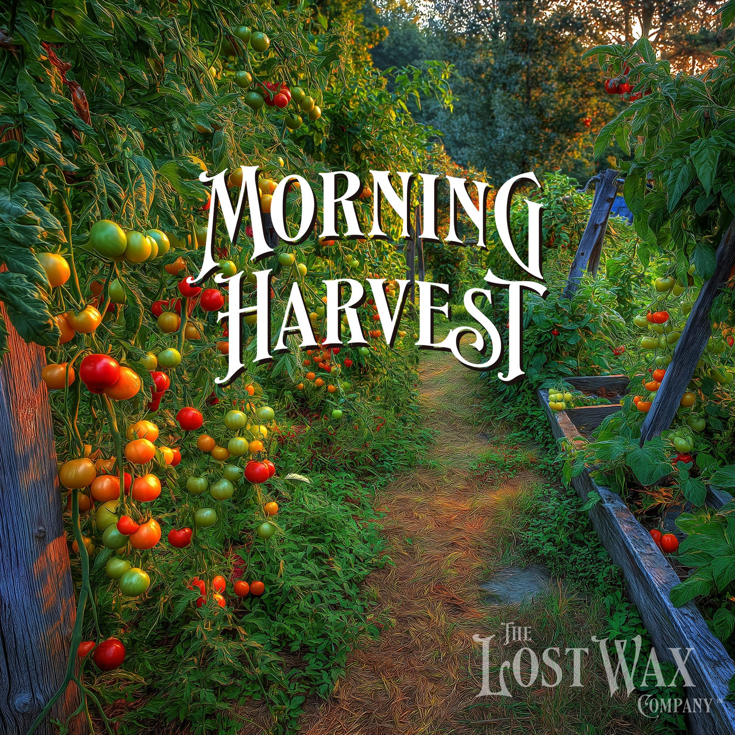 Garden path lined with tomato plants and a wooden ladder, with 'The Lost Wax Company' logo.