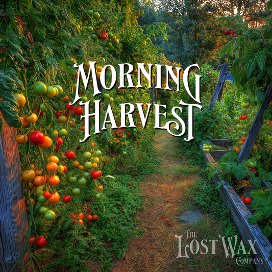 Garden path lined with tomato plants and a wooden ladder, with 'The Lost Wax Company' logo.