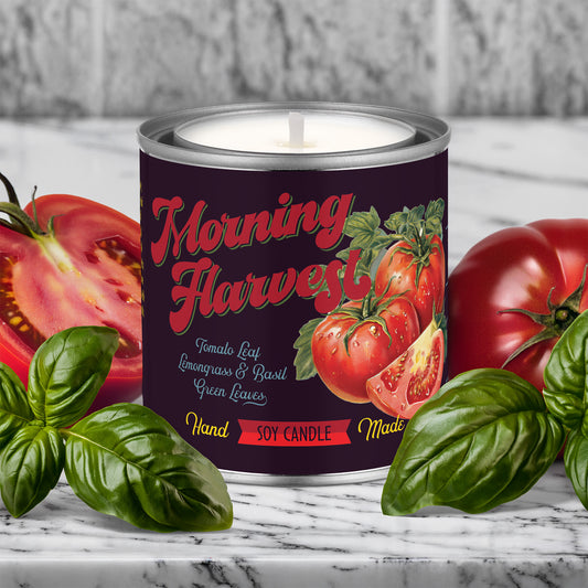 Candle labeled 'Morning Harvest' with tomato and basil graphics on a marble surface.