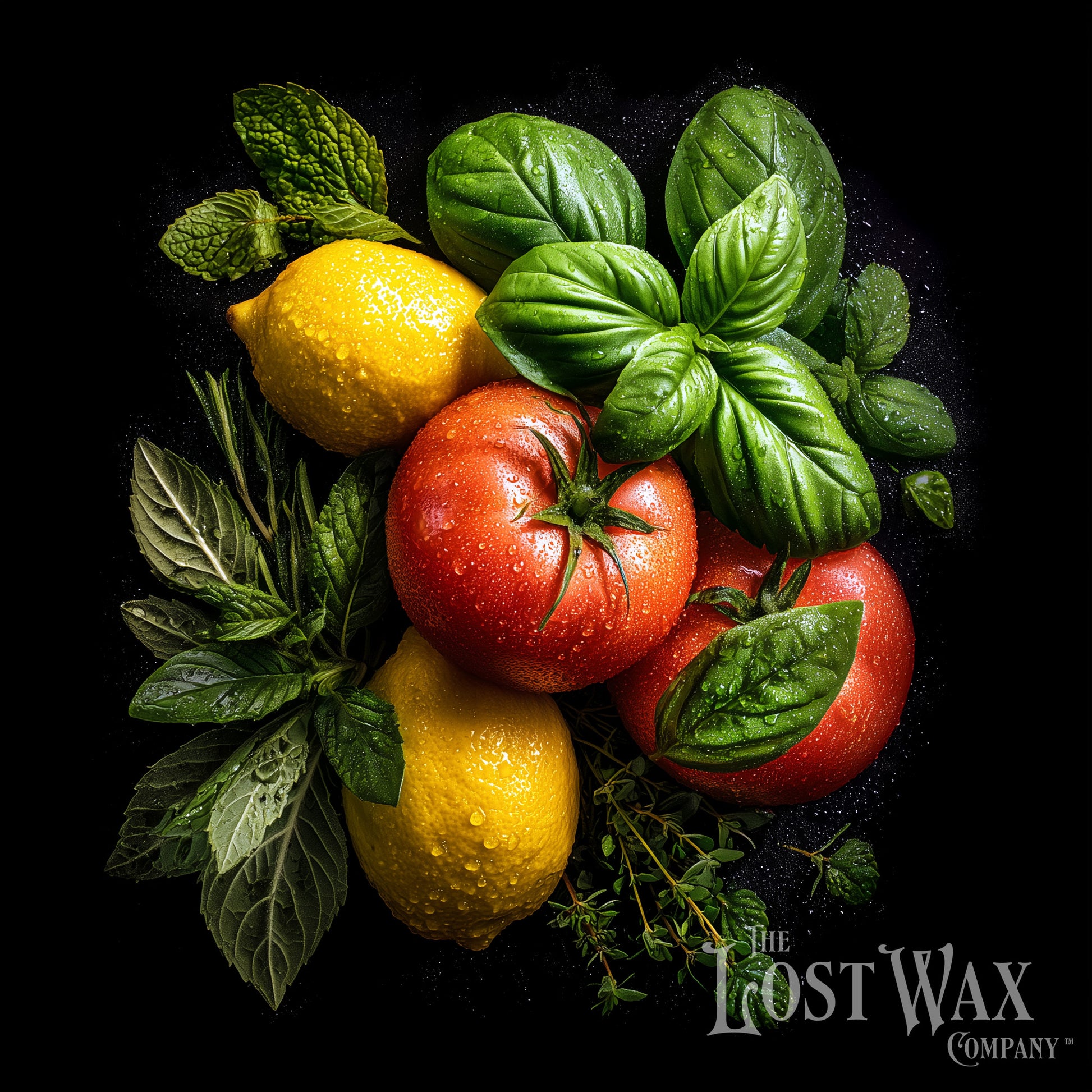 A colorful photograph of fressh ingredients including basil, tomato, mint, thyme, and lemon.