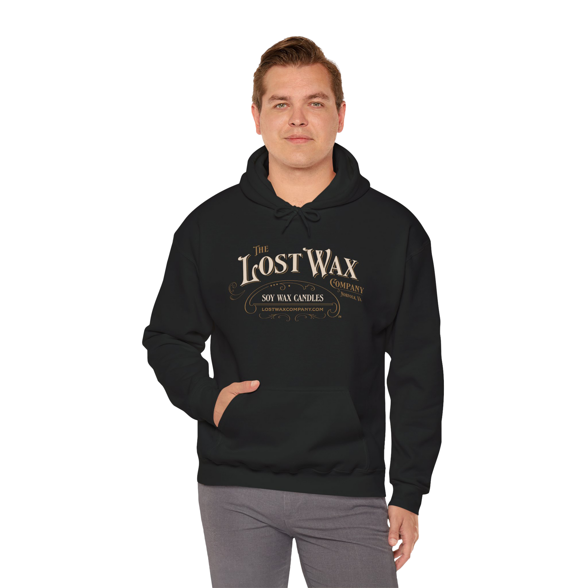 Man wearing a black hoodie with 'The Lost Wax Company' logo on a white background