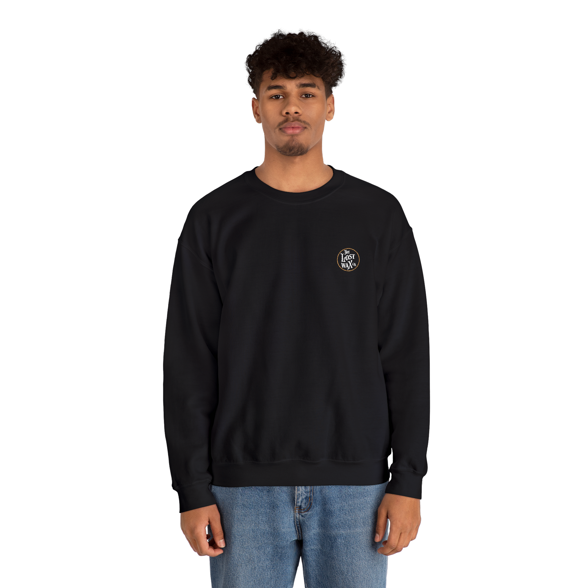 Person wearing a black sweatshirt with a logo on a white background