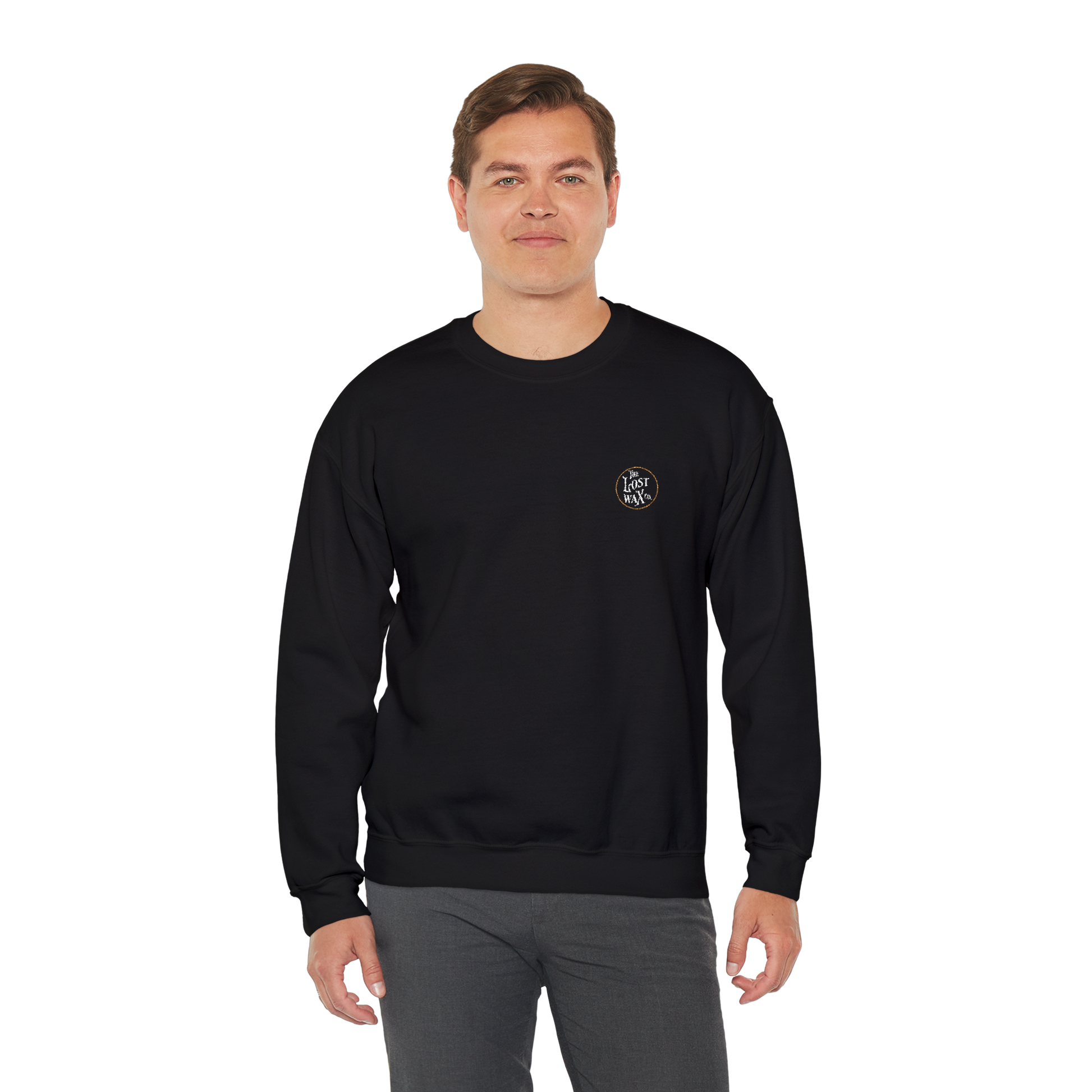 Man wearing a black sweatshirt with a logo on a white background