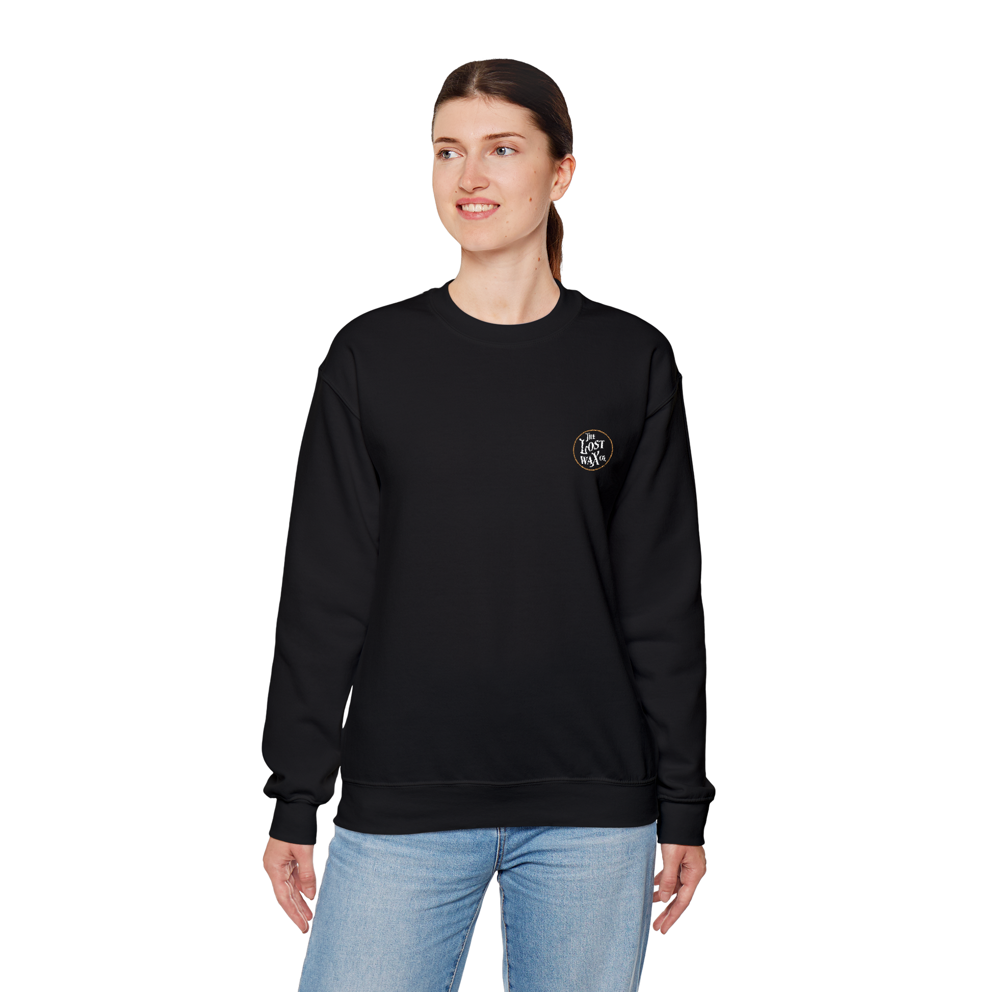 Person wearing a black sweatshirt with a logo on a white background
