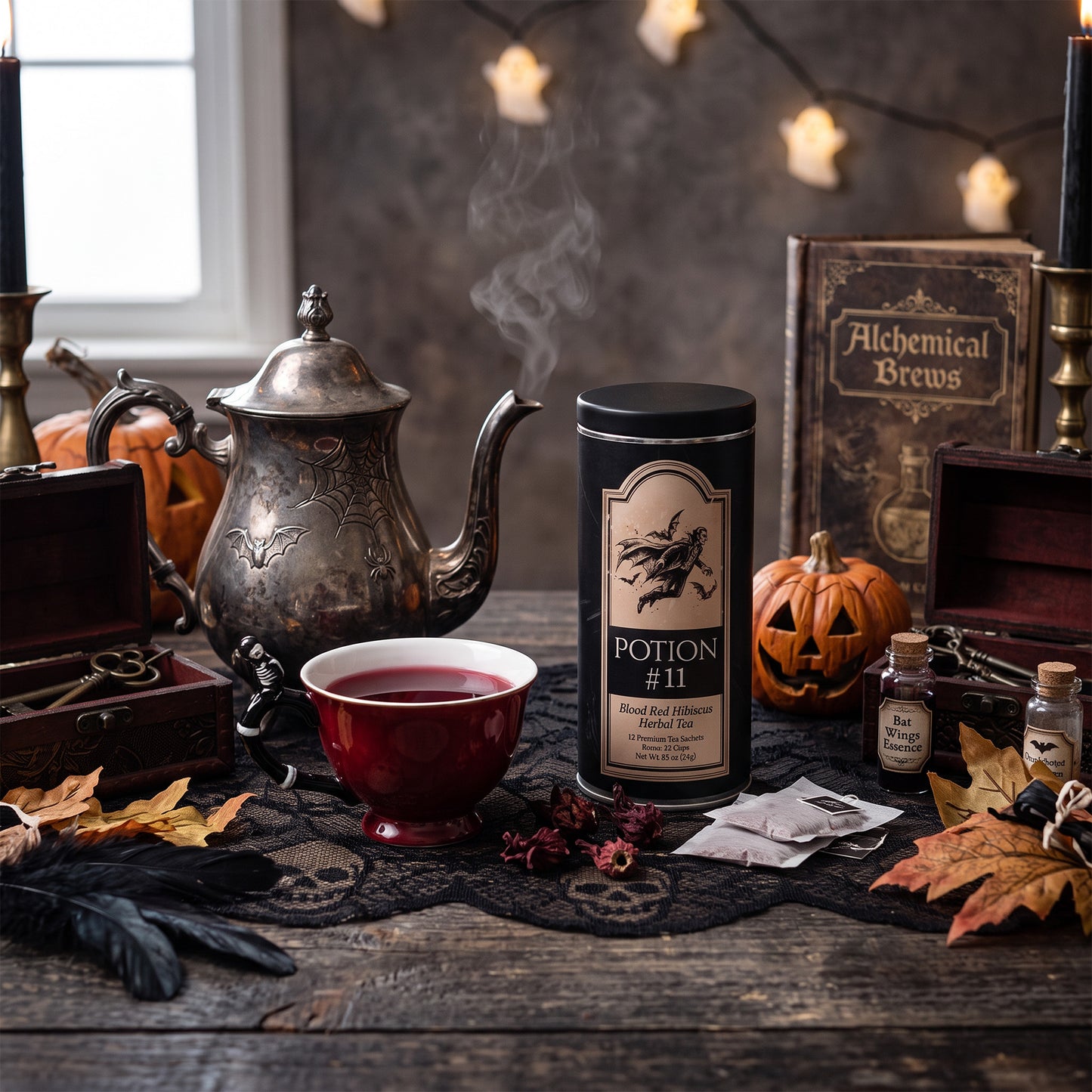 A styled tabletop scene for a Halloween-themed tea product. A black cylindrical tin labeled 'Potion #11' stands on a dark cloth beside a red teacup with steaming tea, a silver teapot, pumpkins, autumn leaves, small bottles, and an old book reading 'Alchemical Brews'.