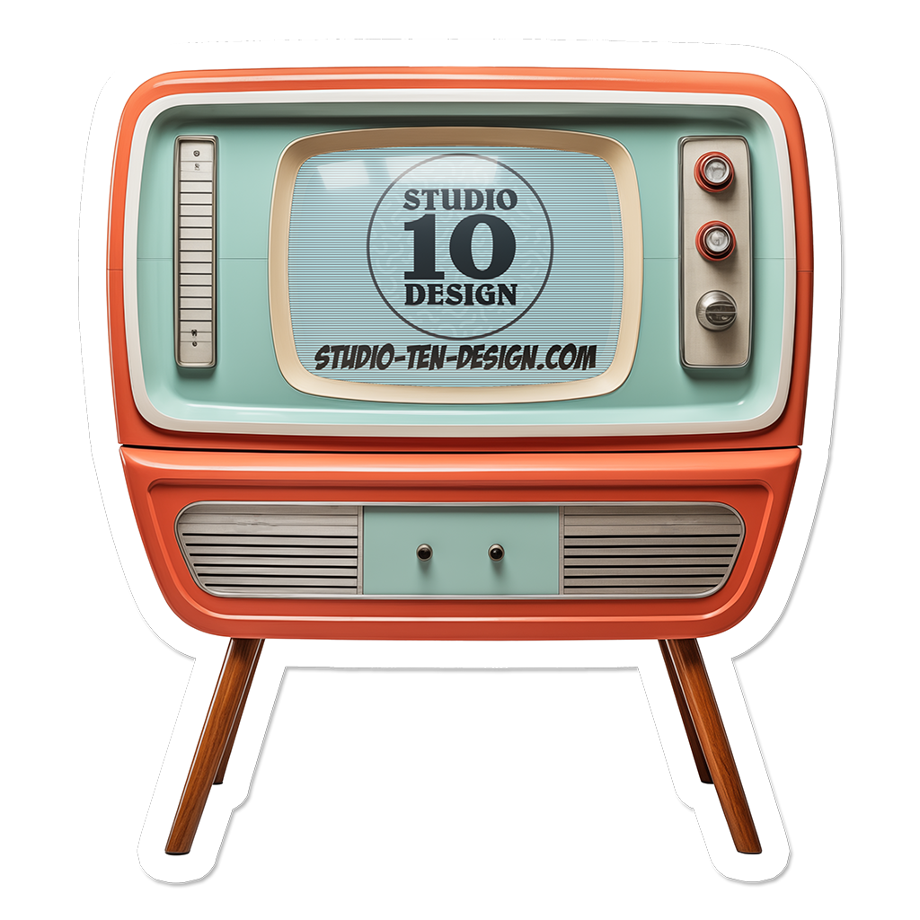 Vintage-style television with 'Studio 10 Design' on the screen against a white background