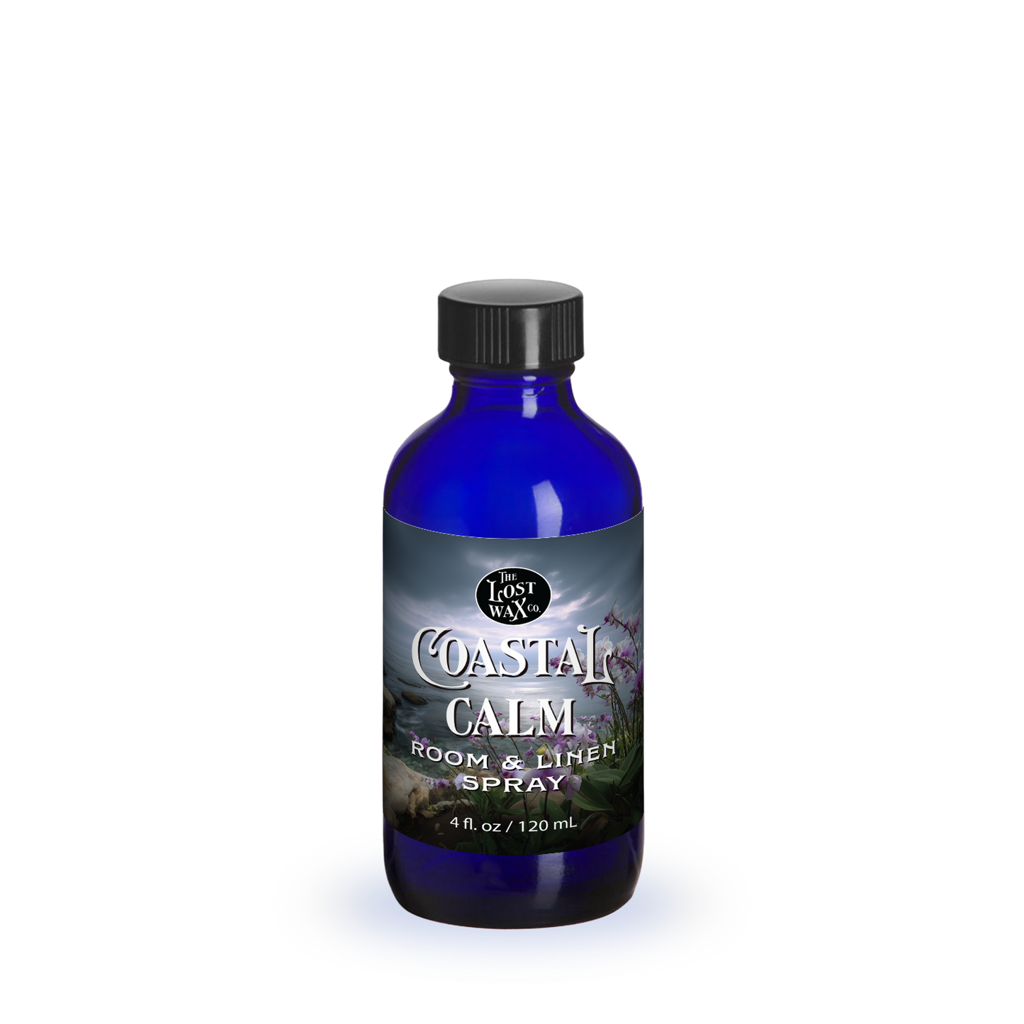 Blue bottle of 'Coastal Calm' room & linen spray on a white background