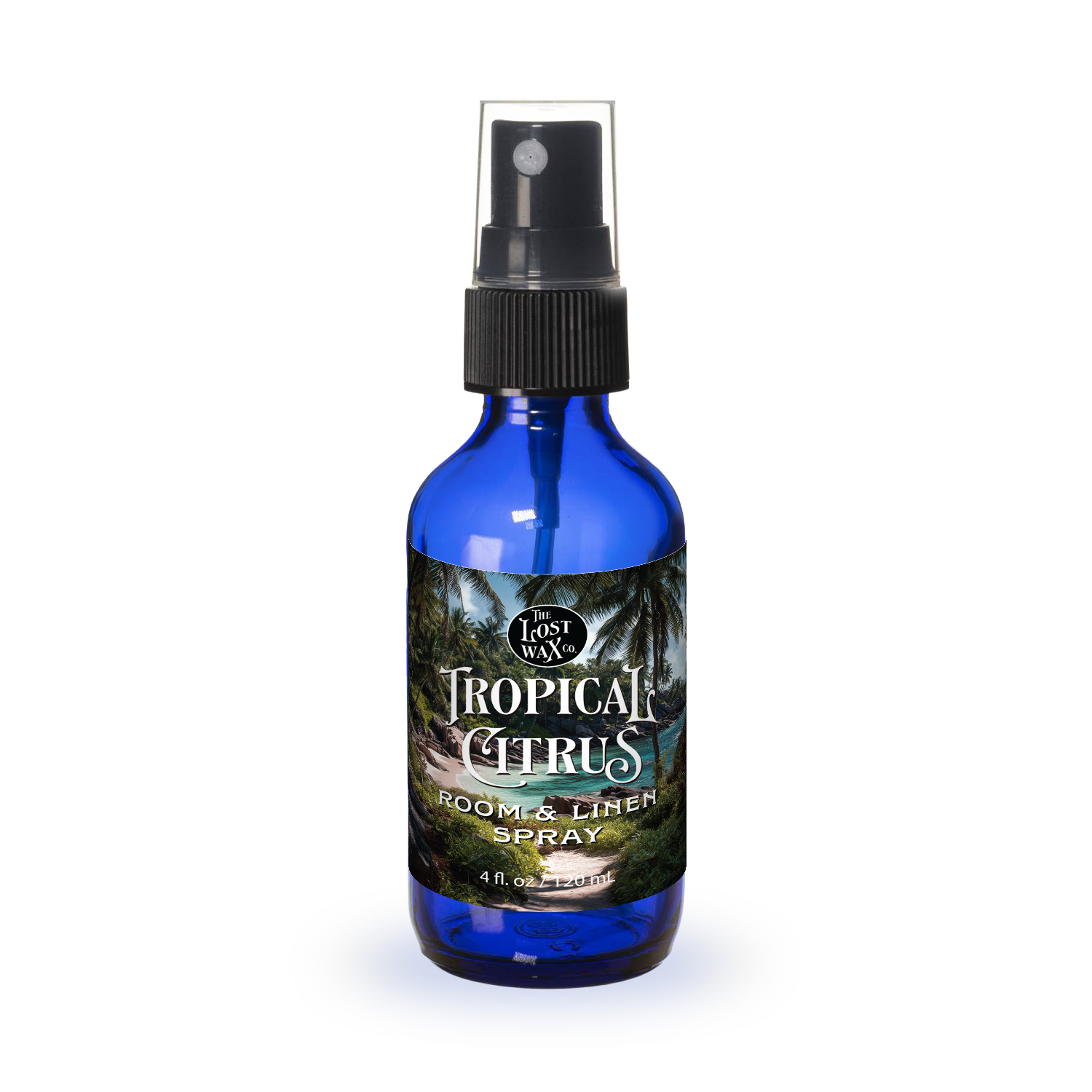 Blue spray bottle labeled 'Tropical Citrus' on a white background