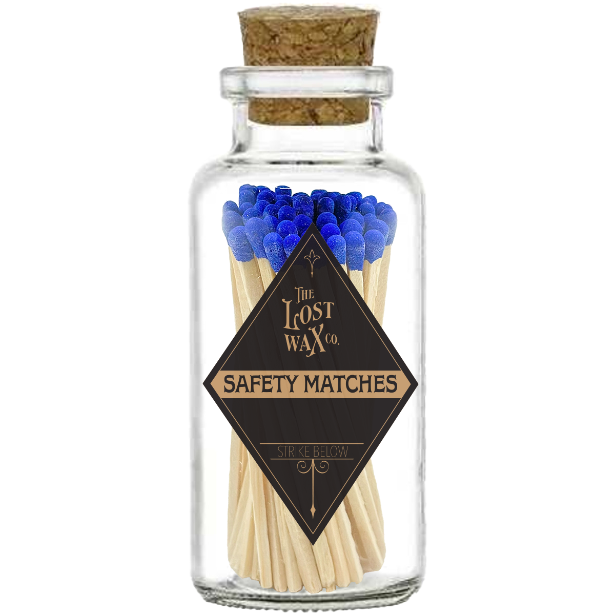 Glass jar with cork lid containing safety matches with blue tips and a visible brand label.