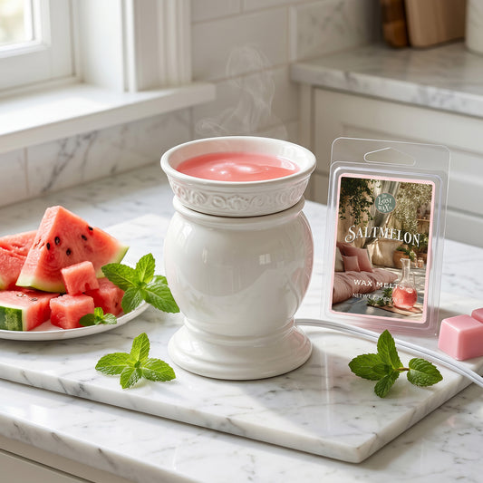 Kitchen countertop with wax melter, package of wax melts, and a plate of sliced watermelon and mint.