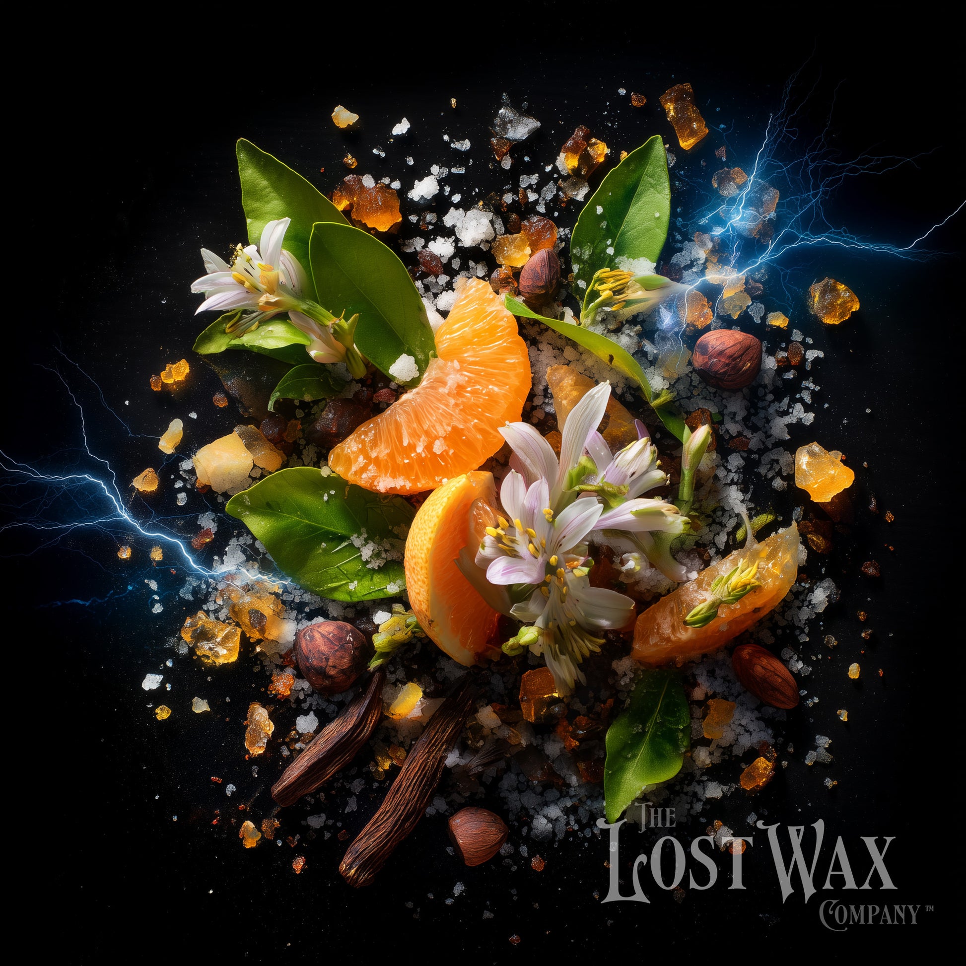 Coastal Calm ingredients including orange, green leaves, sea salt, amber, and ozone.