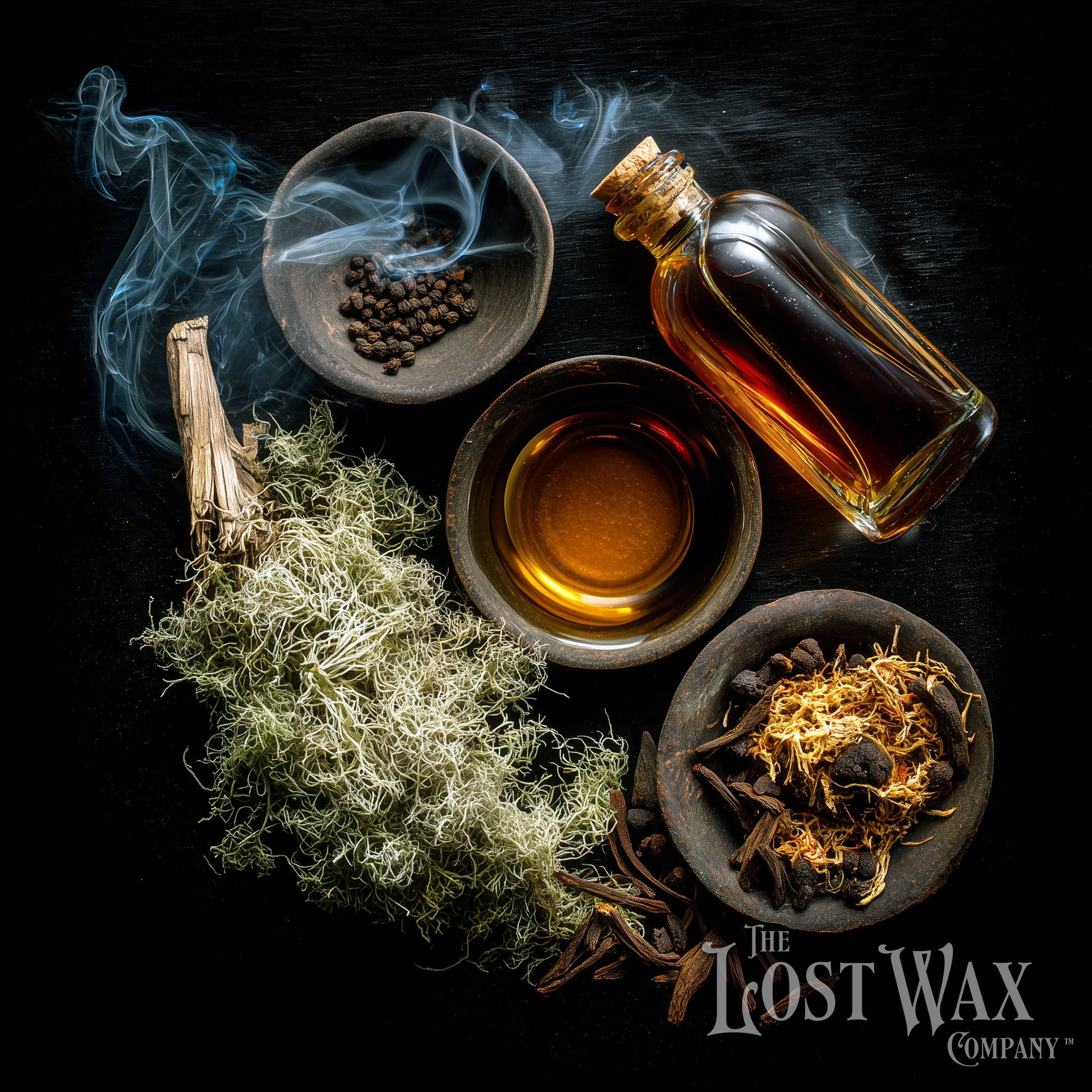 An artful arrangement of ingredients including moss, cedar, a bottle of patchouli oil, a dish of maple syrup and dried berries.