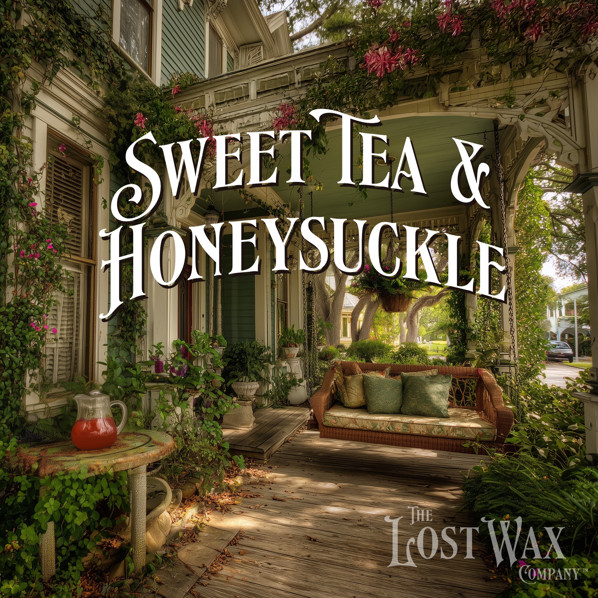 Victorian-style porch with honeysuckle vines and a porch swing. A table nearby offers refreshing iced sweet tea. Featuring 'The Lost Wax Company' logo.