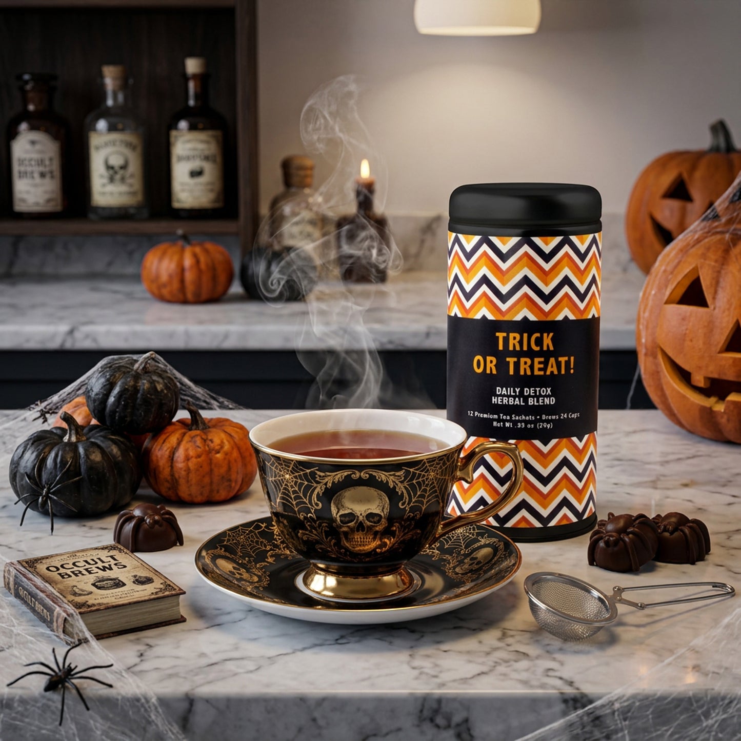 A styled tabletop scene with a black cup and saucer filled with tea, a matching spice jar labeled 'TRICK OR TREAT!' standing beside it, pumpkins, chocolates, a teaspoon, and a spider decoration on a marble counter in a kitchen setting.