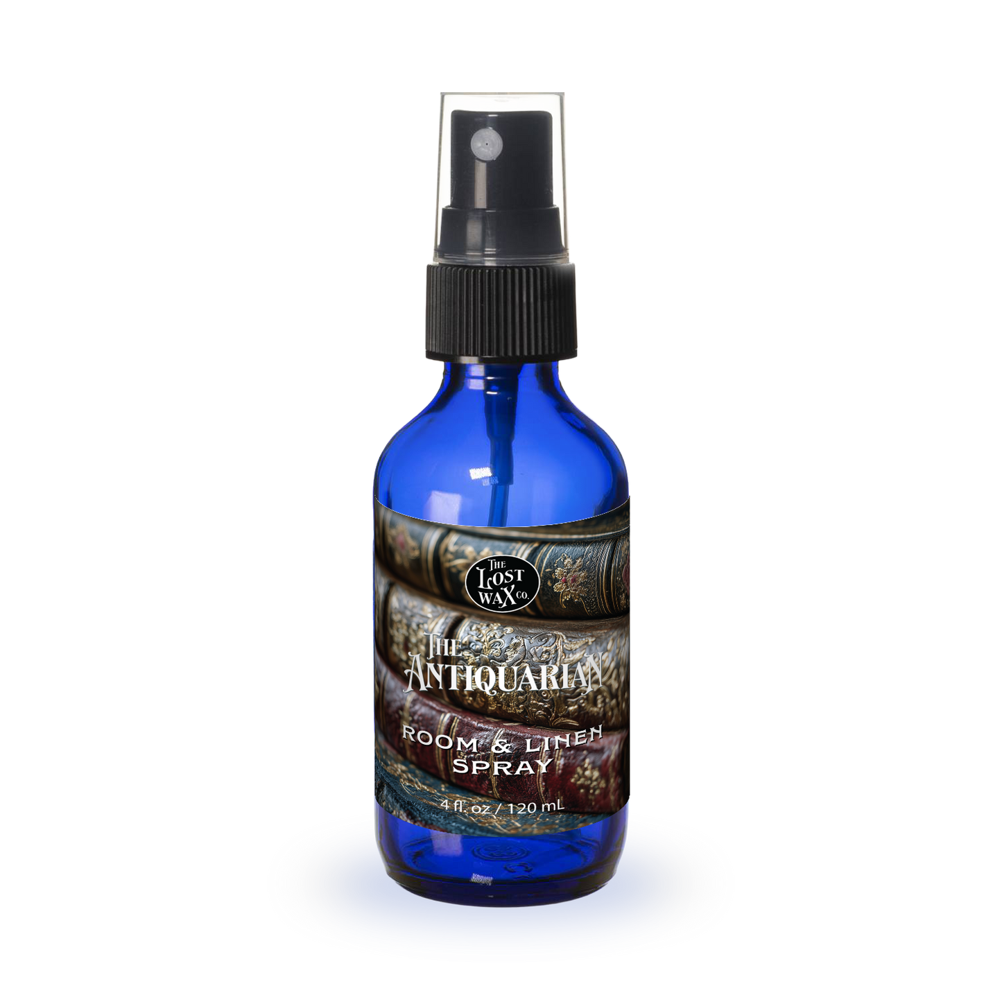 Blue spray bottle with a label on a white background