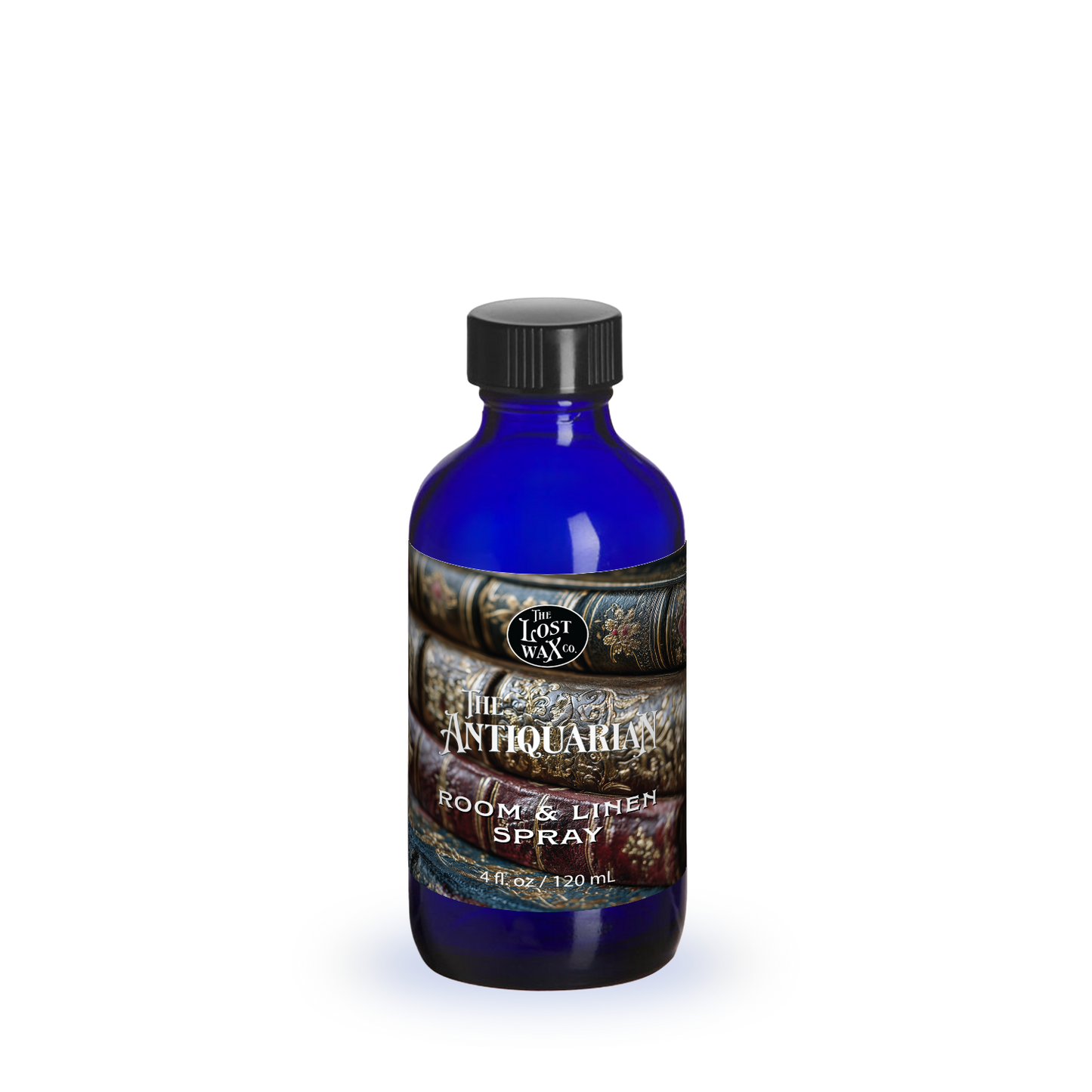 Blue bottle of room and linen spray with a label on a white background