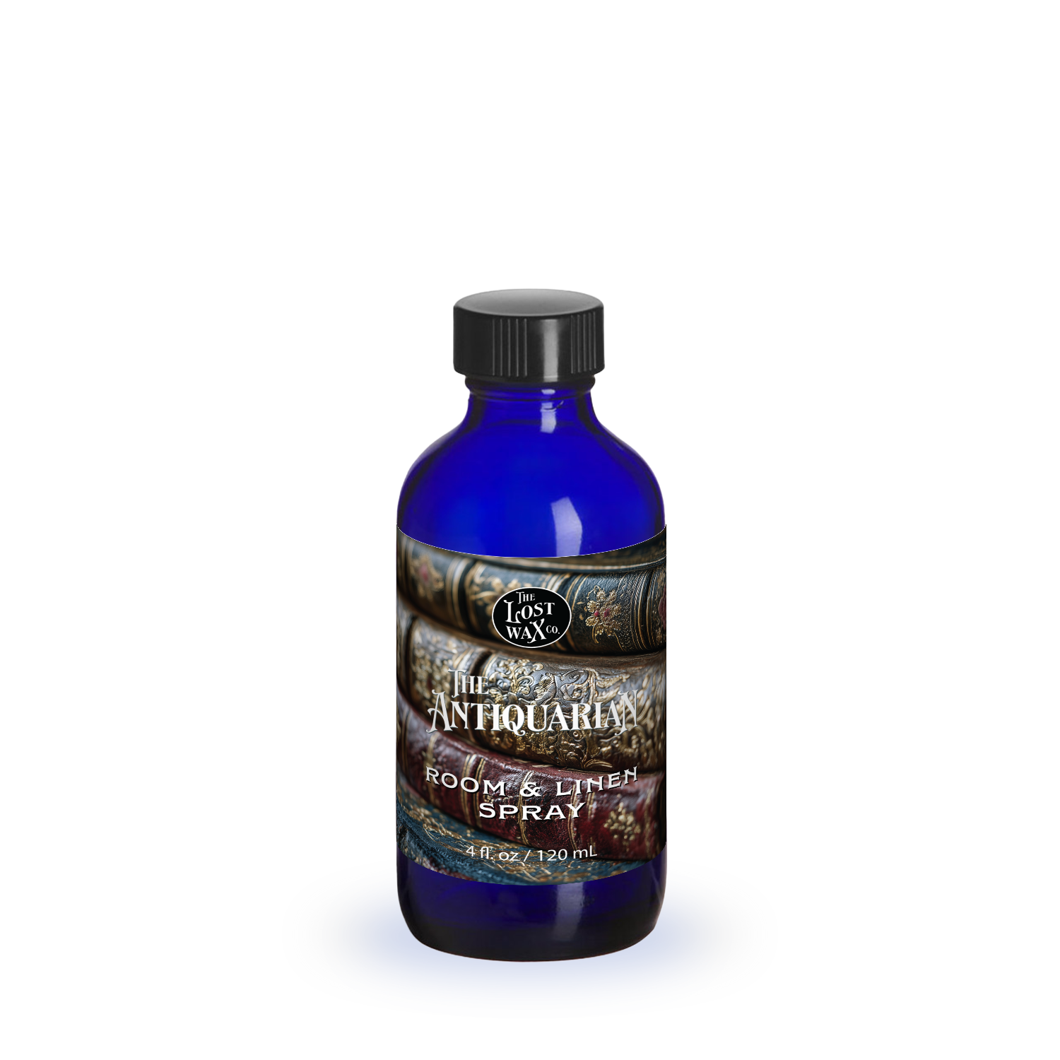 Blue bottle of room and linen spray with a label on a white background