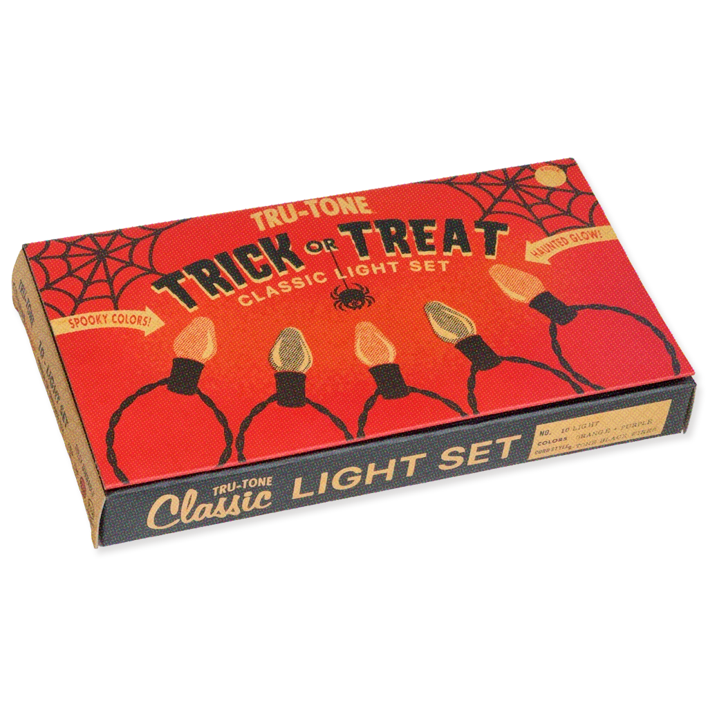A box of Tru-Tone Trick or Treat Classic Light Set, featuring a red Halloween-themed box with spiderwebs, black outlines, and illustrations of string lights on a white background.
