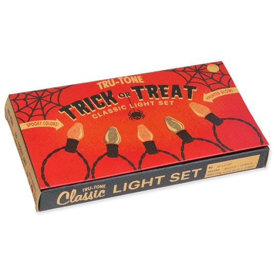 A box of Tru-Tone Trick or Treat Classic Light Set, featuring a red Halloween-themed box with spiderwebs, black outlines, and illustrations of string lights on a white background.