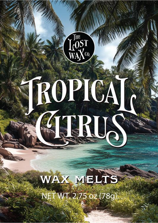 Tropical Citrus wax melts packaging with a scenic background of palm trees and beach.