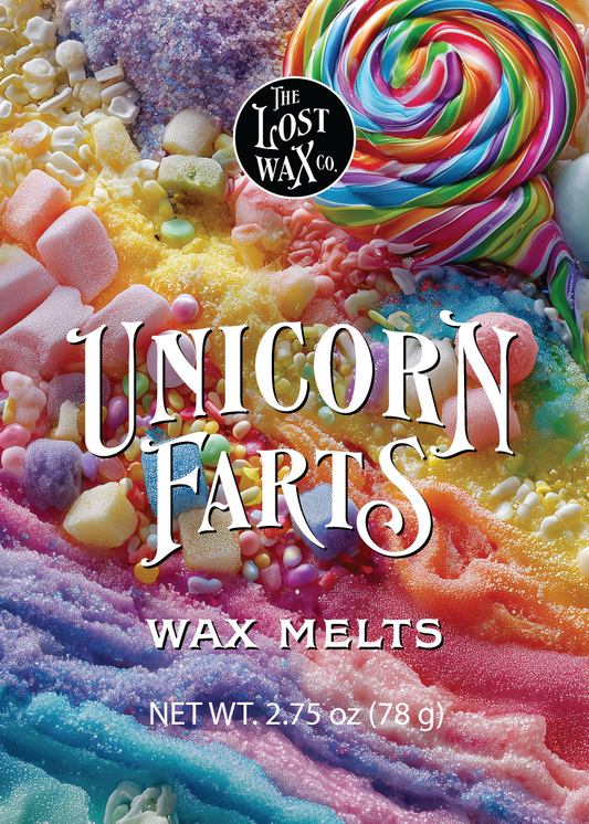 Colorful wax melts packaging with 'The Lost Wax Co.' branding and a rainbow lollipop.