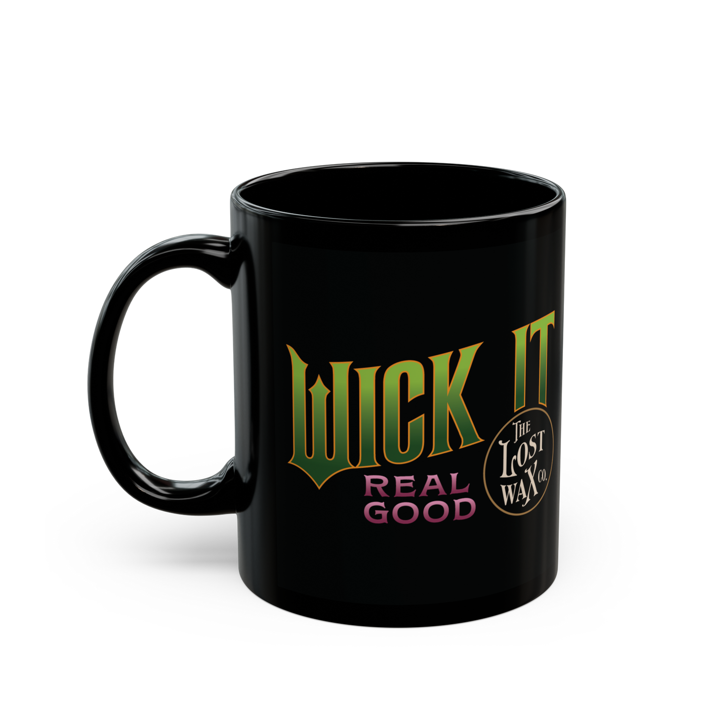 Black mug with 'Wick It Real Good' text and logo on a white background