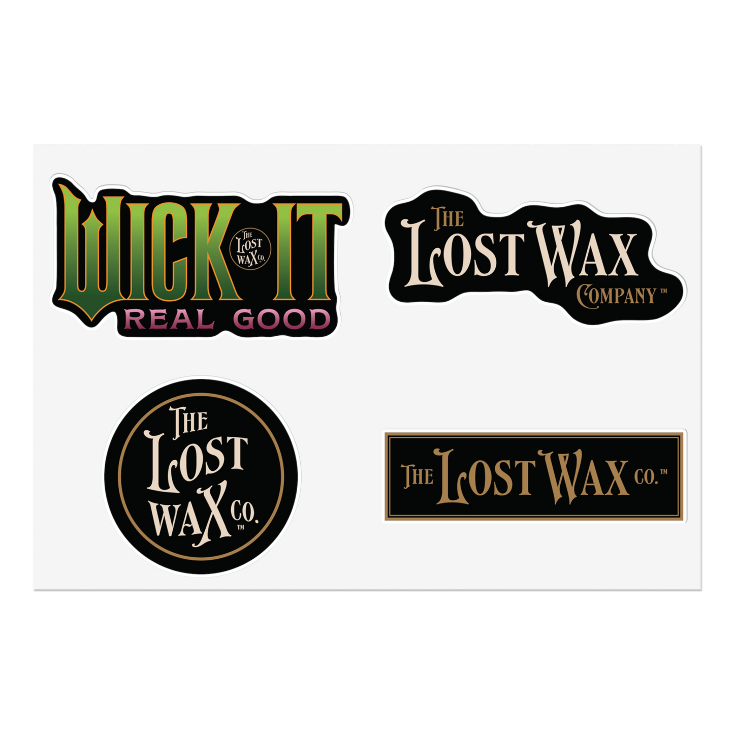 Set of logos for 'Wick It Real Good' and 'The Lost Wax Company' on a white background