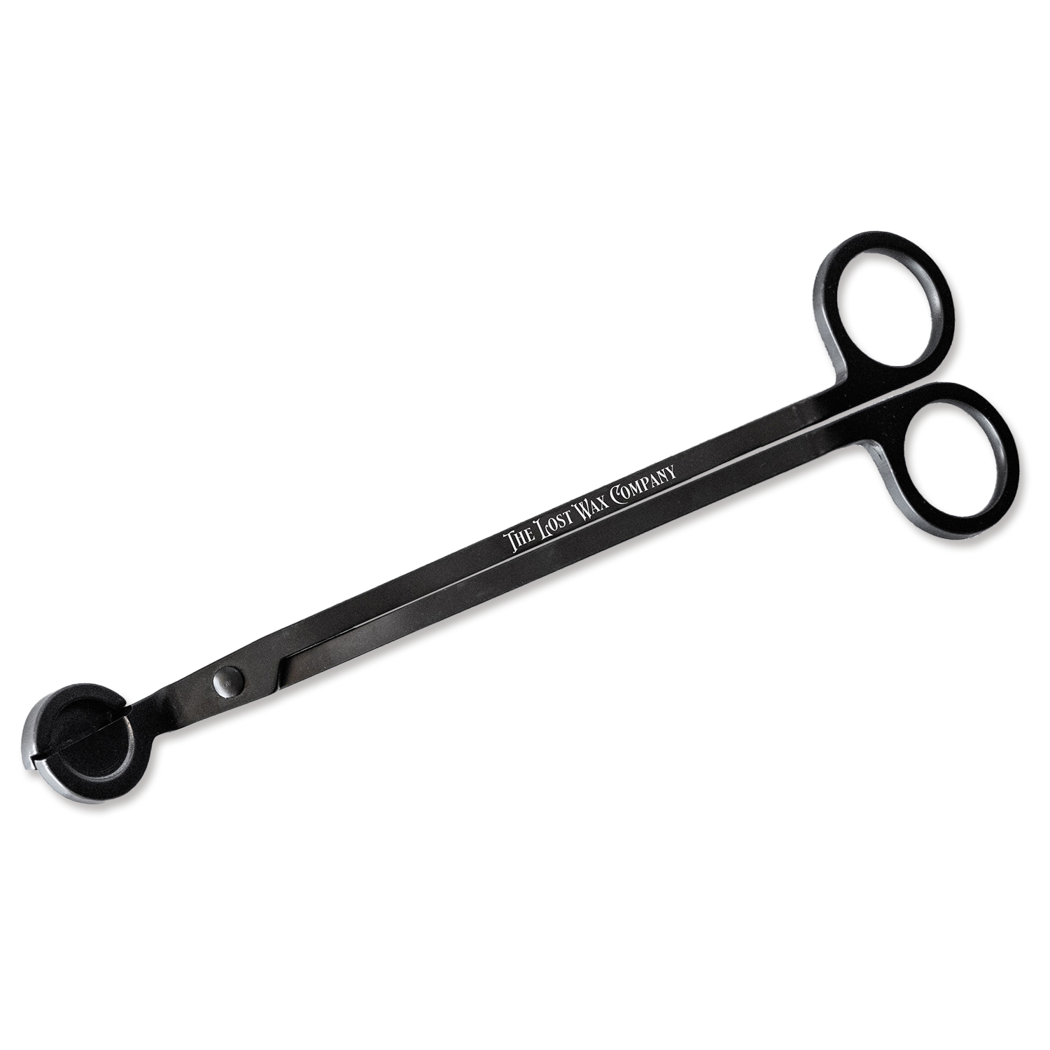 Black wick-trimming scissors with The Lost Wax Company branding on a white background