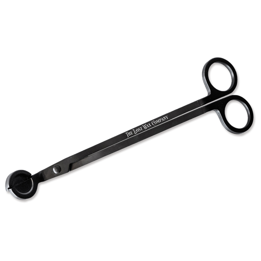 Black wick-trimming scissors with The Lost Wax Company branding on a white background