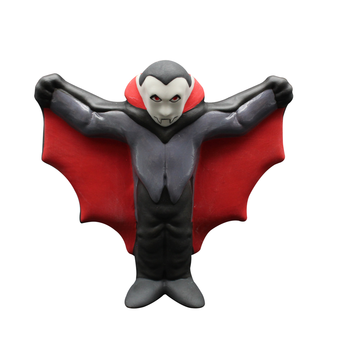 A vampire-shaped ornament with outstretched arms, featuring a dark gray body, black wings, and a red collar, isolated on a white background.