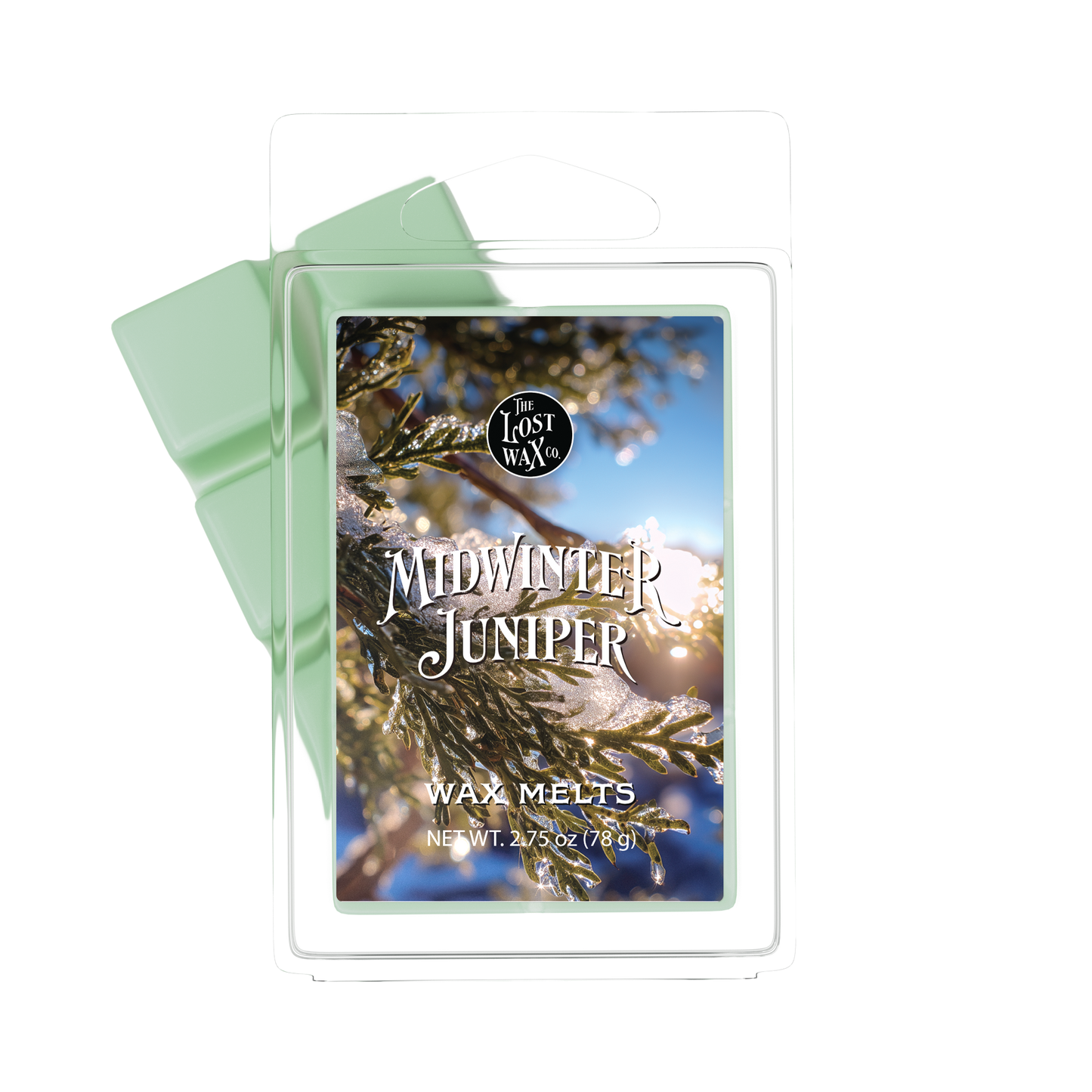 Card with 'Midwinter Juniper' text and tree image on a white background