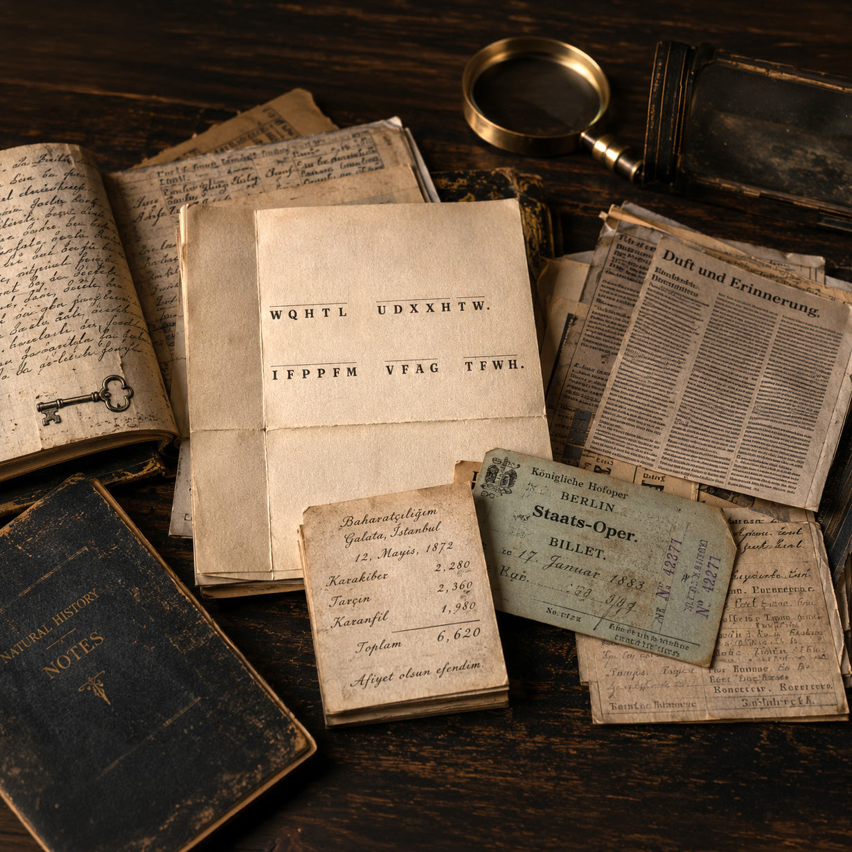 Old ephemera including hand-written journals, an old receipt and ticket, and a letter with a typed cryptogram on it.