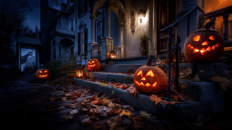Spooky Halloween scene with carved pumpkins on a haunted house porch.