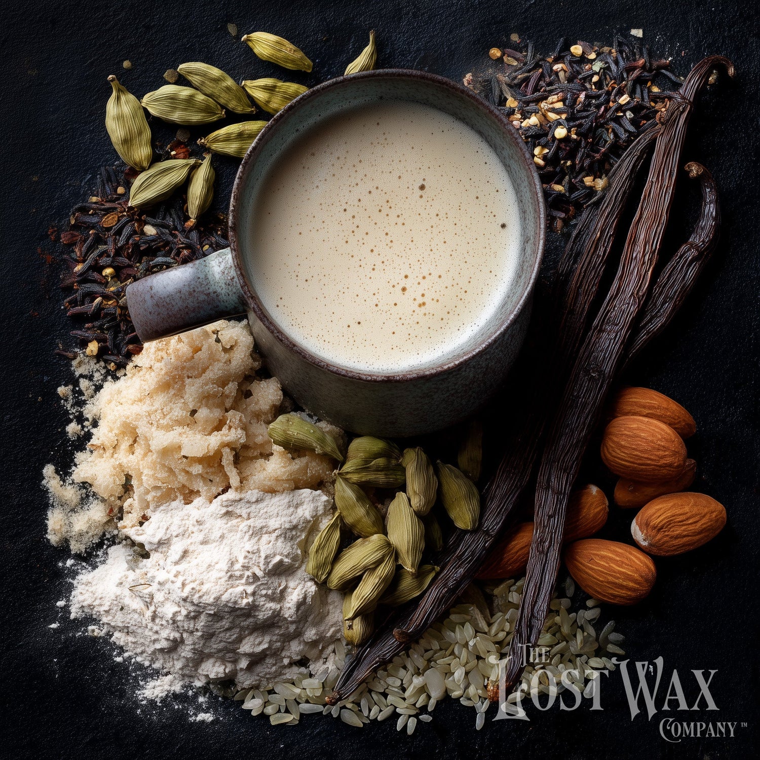 A cup of steamed milk surrounded by vanilla beans and other aromatic ingredients.