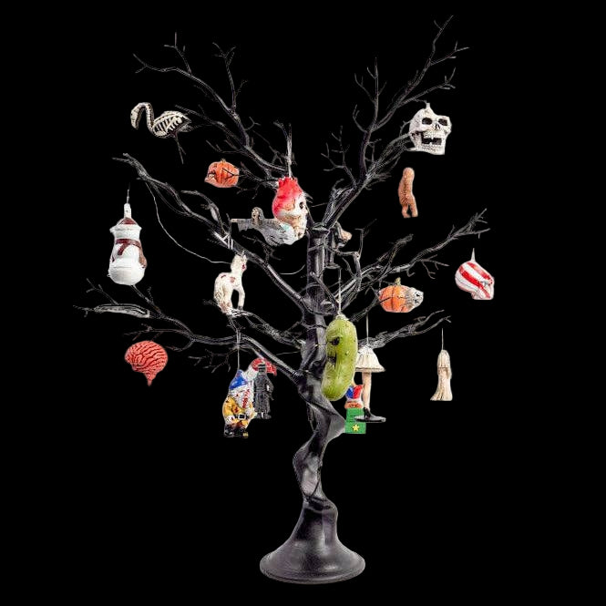Decorative tree with Halloween-themed ornaments on a white background