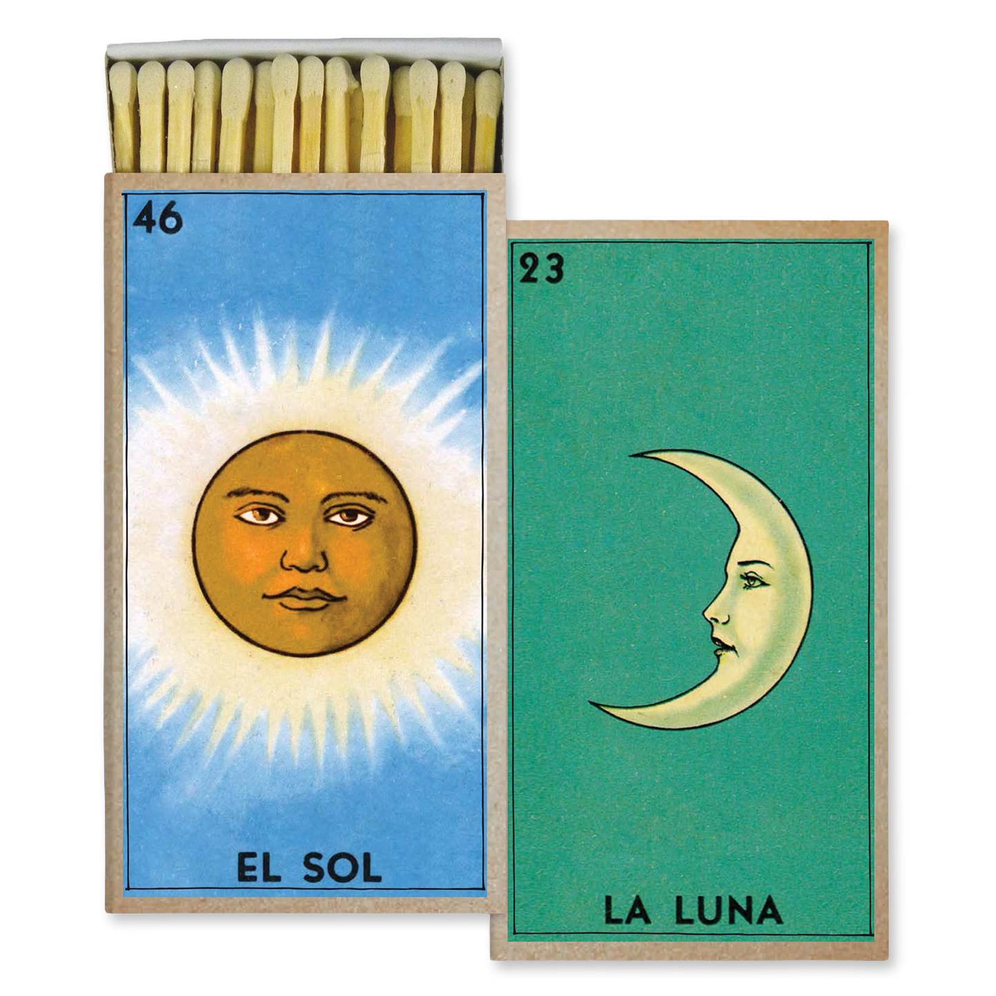 A matchbox with loteria cards shown with the lid open, revealing wooden matchsticks. The front features two illustrated cards: 'El Sol' with a yellow sun on a blue background and 'La Luna' with a pale crescent moon on a teal background.