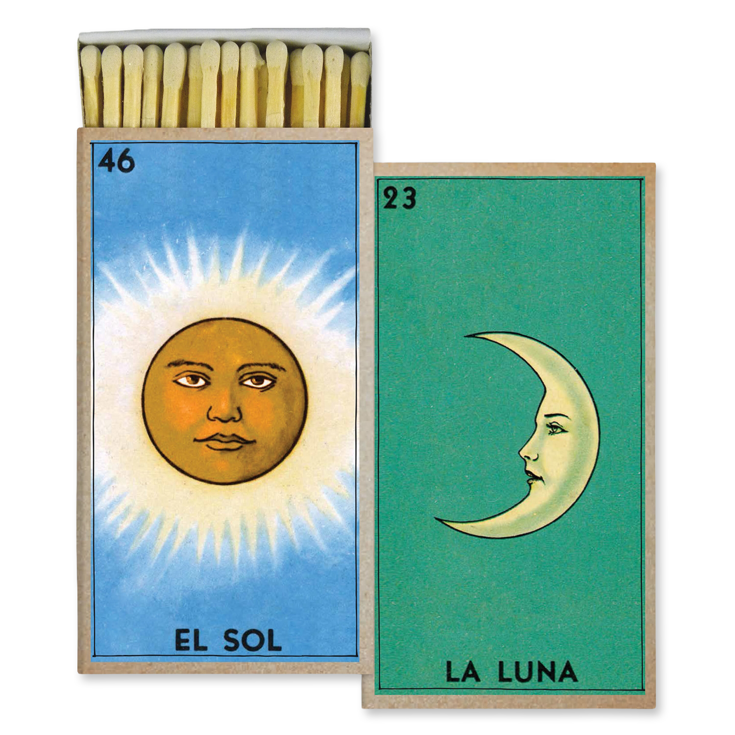 A matchbox with loteria cards shown with the lid open, revealing wooden matchsticks. The front features two illustrated cards: 'El Sol' with a yellow sun on a blue background and 'La Luna' with a pale crescent moon on a teal background.