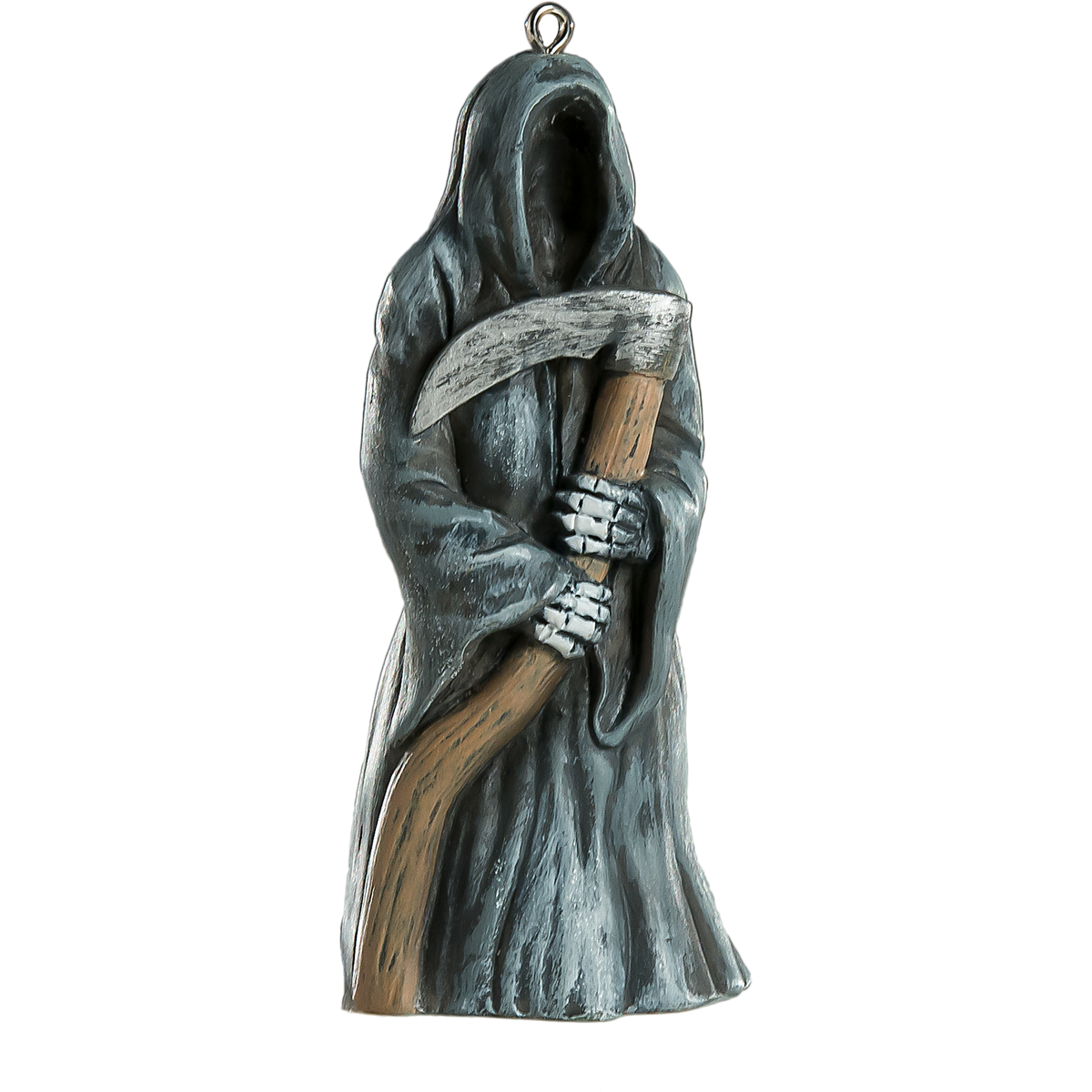 A Grim Reaper hanging ornament featuring a hooded figure in a weathered gray robe holding a scythe with a brown handle and silver blade, set against a plain white background.