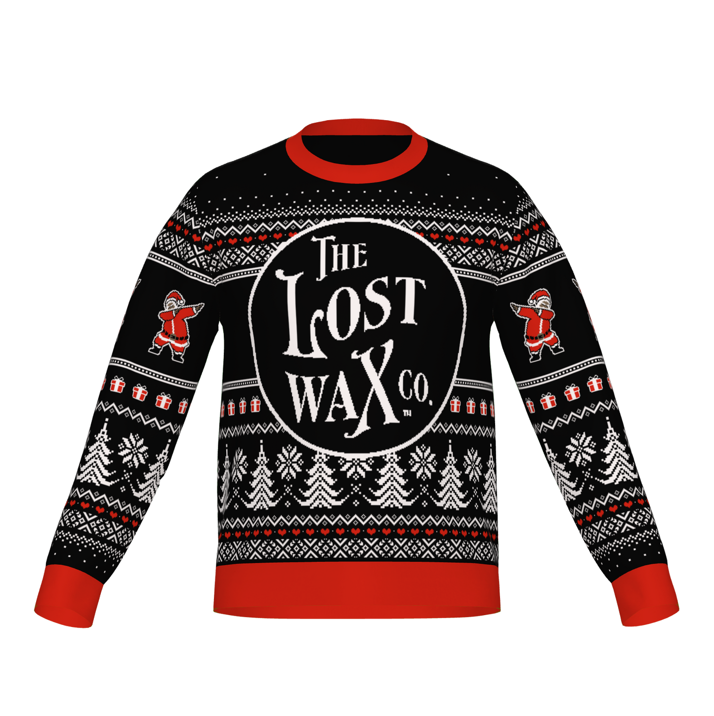 The Lost Wax Co. Knitted Christmas Sweater in red, white, and black