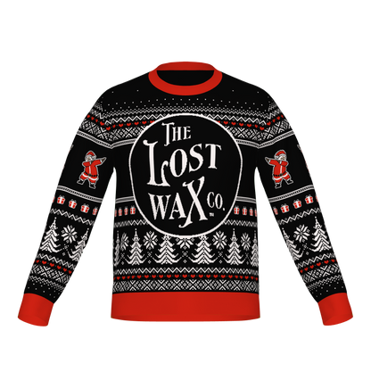 The Lost Wax Co. Knitted Christmas Sweater in red, white, and black