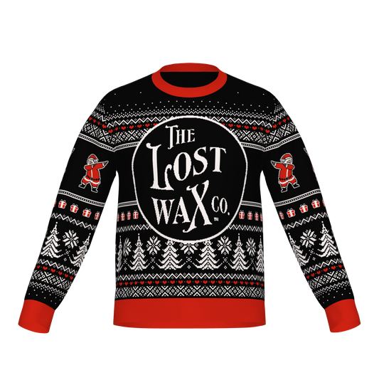 The Lost Wax Co. Knitted Christmas Sweater in red, white, and black