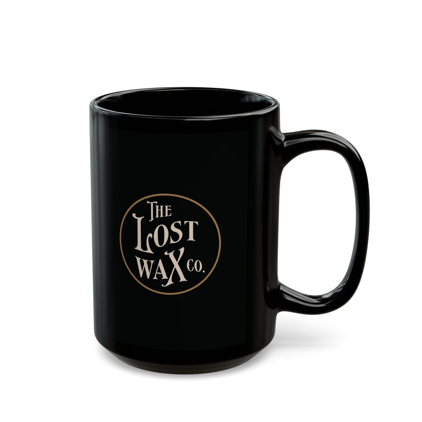 Black mug with 'The Lost Wax Co.' logo on a white background