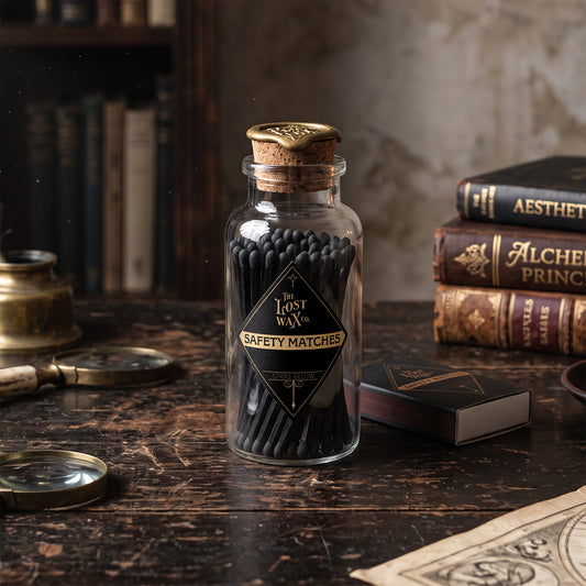 A vintage-style clear glass bottle filled with black safety matches, sealed with a cork stopper and labeled 'The Lost Wax Co. Safety Matches,' set on a rustic wooden table with old books and magnifying glasses in the background.