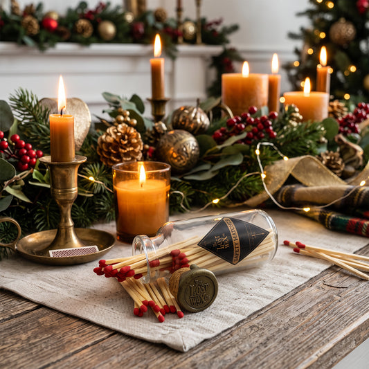 A styled holiday tabletop scene with lit pillar candles, a glass jar of matches tipped in red, pinecones, evergreen garland, berries, and warm string lights.