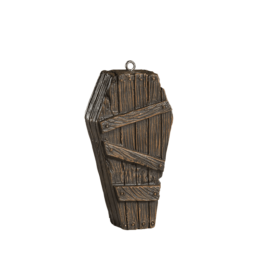 A coffin-shaped decorative ornament or plaque with a distressed wood texture, wrapped with faux straps and rivets, shown on a plain white background.