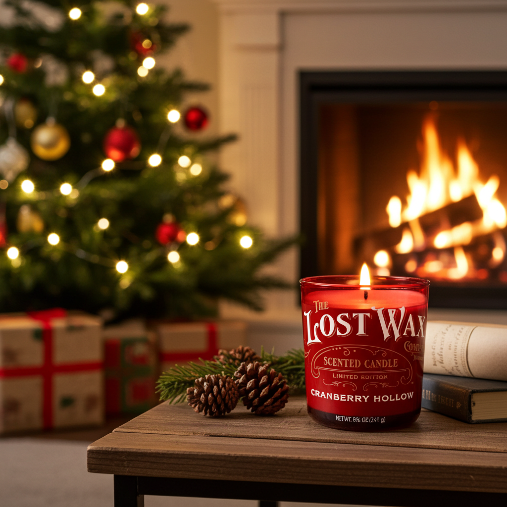 Red candle labeled 'The Lost Wax' on a table with a Christmas tree and fireplace in the background