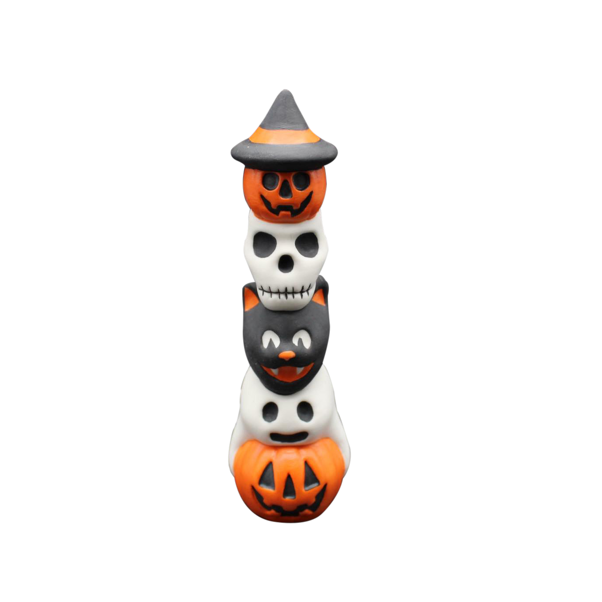 A Halloween-themed vertical stack of five stacked figures: an orange jack-o'-lantern pumpkin wearing a black witch hat, a white skull, a black cat with orange details, a white ghost, and an orange jack-o'-lantern pumpkin, centered on a plain white background.