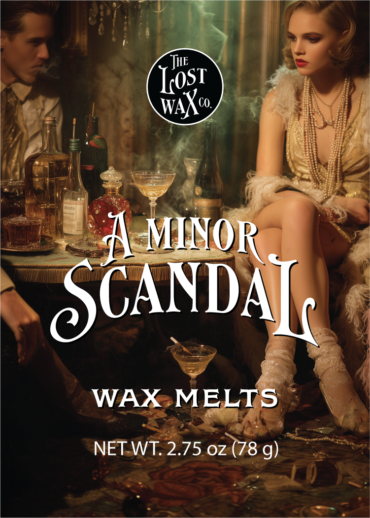 Wax melts packaging with a vintage scene and 'The Lost Wax Co.' branding.