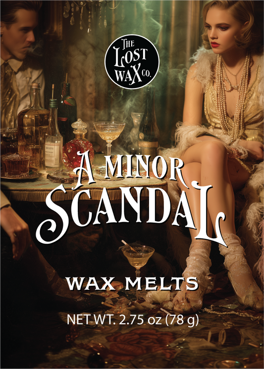 Wax melts packaging with a vintage scene and 'The Lost Wax Co.' branding.